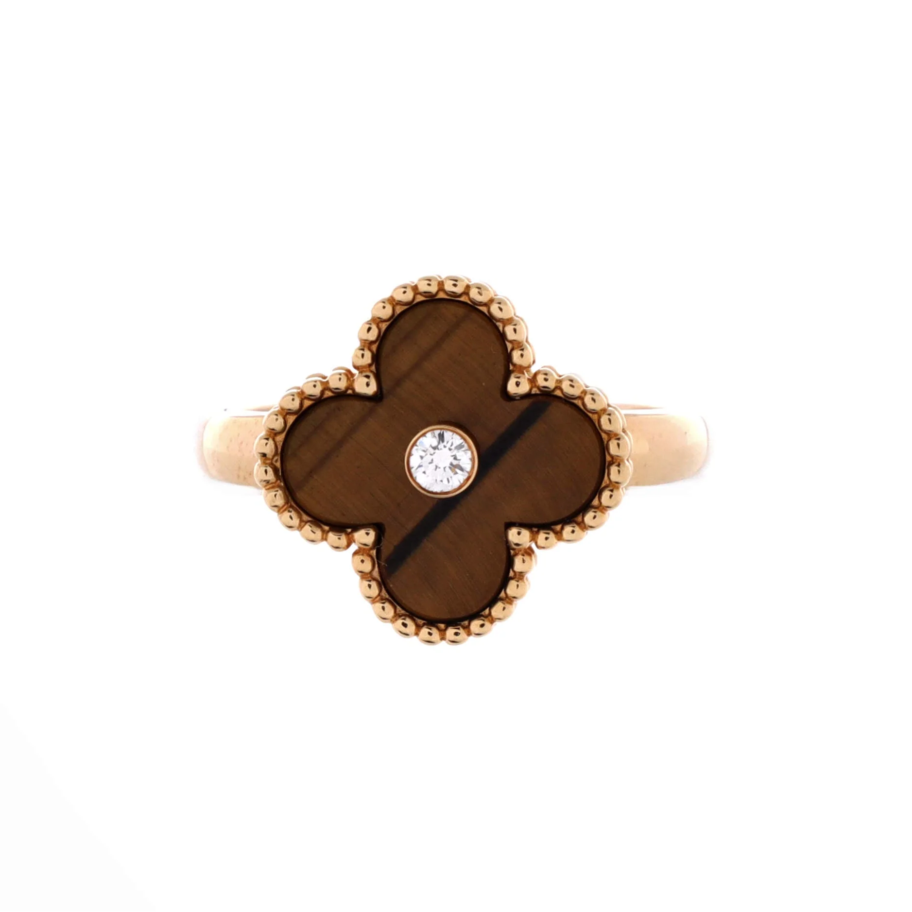 Vintage Alhambra Ring 18K Yellow Gold and Tiger Eye with Diamond