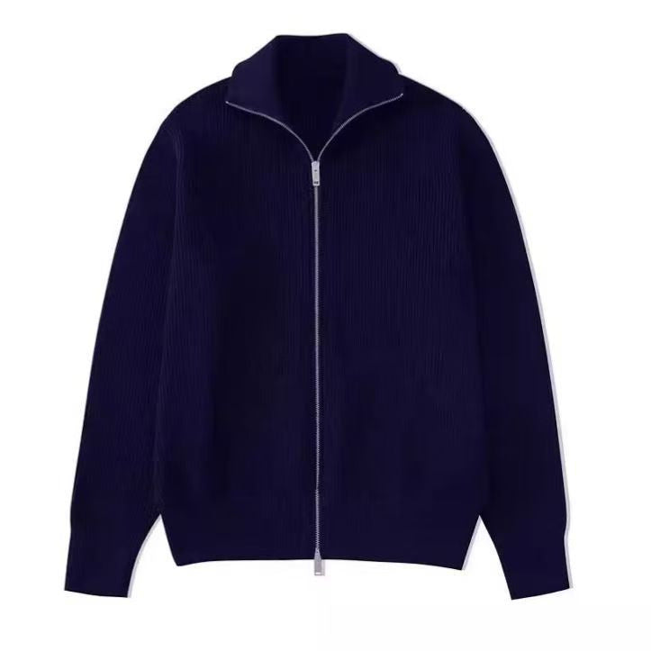 Mens Cardigan Sweater With Stand Collar And Zipper Jacket