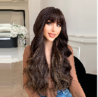 Women's long straight wig with bangs, natural and realistic, perfect for students, a lazy person's daily hair wig.