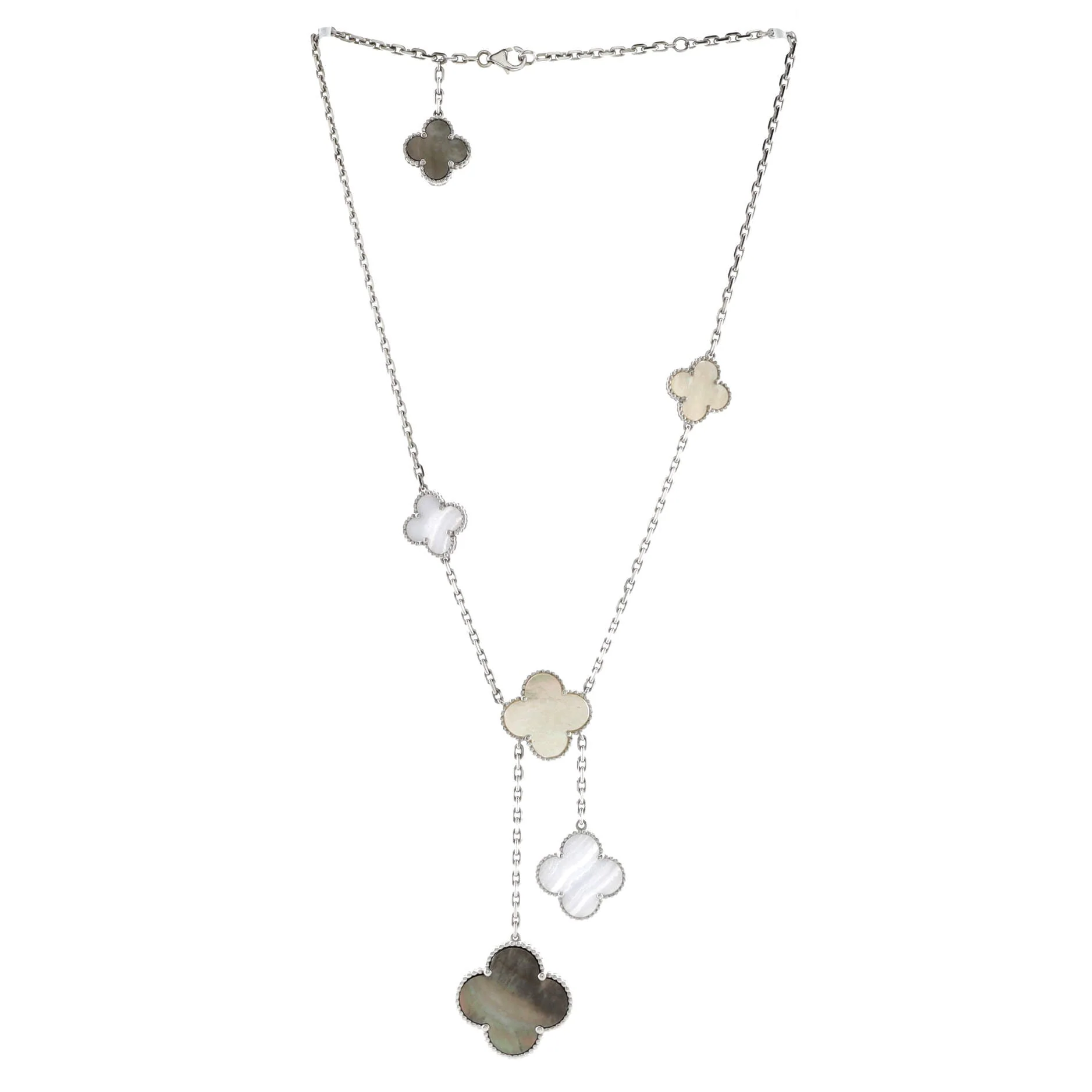 Magic Alhambra 6 Motifs Necklace 18K White Gold with Mother of Pearl and Chalcedony