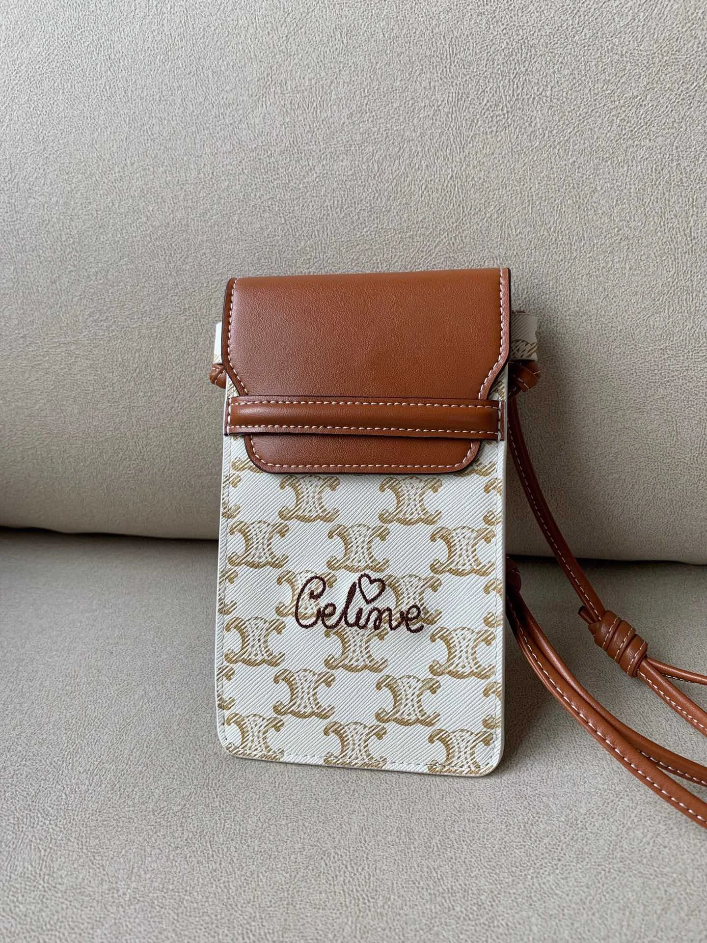 Celine Printed Embroidered Flip Phone Bag White For Women 7.2in/18cm