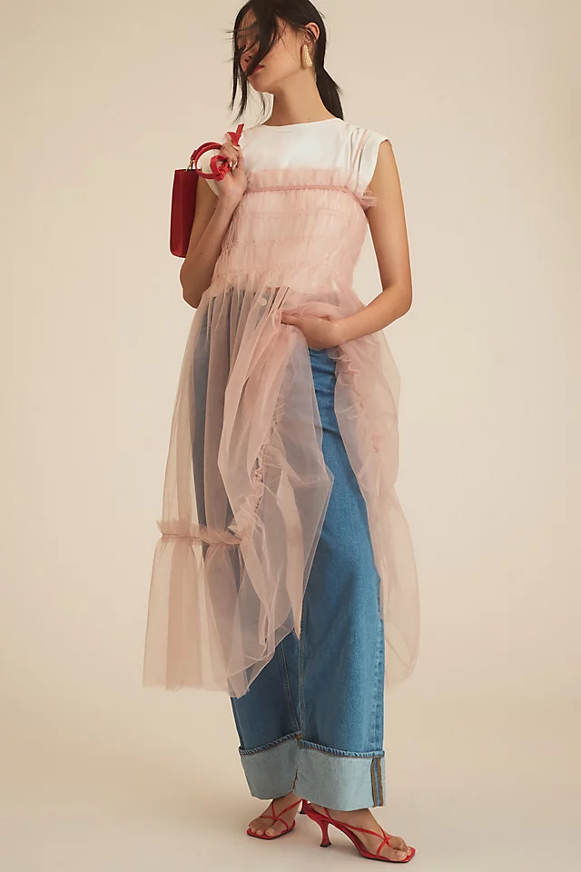 Sheer Smocked Slip Dress MAUVE