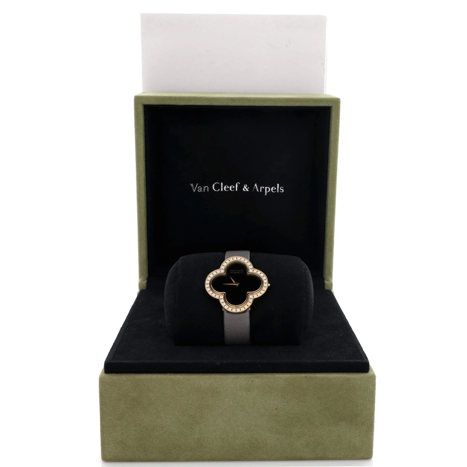 Alhambra Quartz Watch Yellow Gold and Satin with Diamond Bezel and Onyx 26