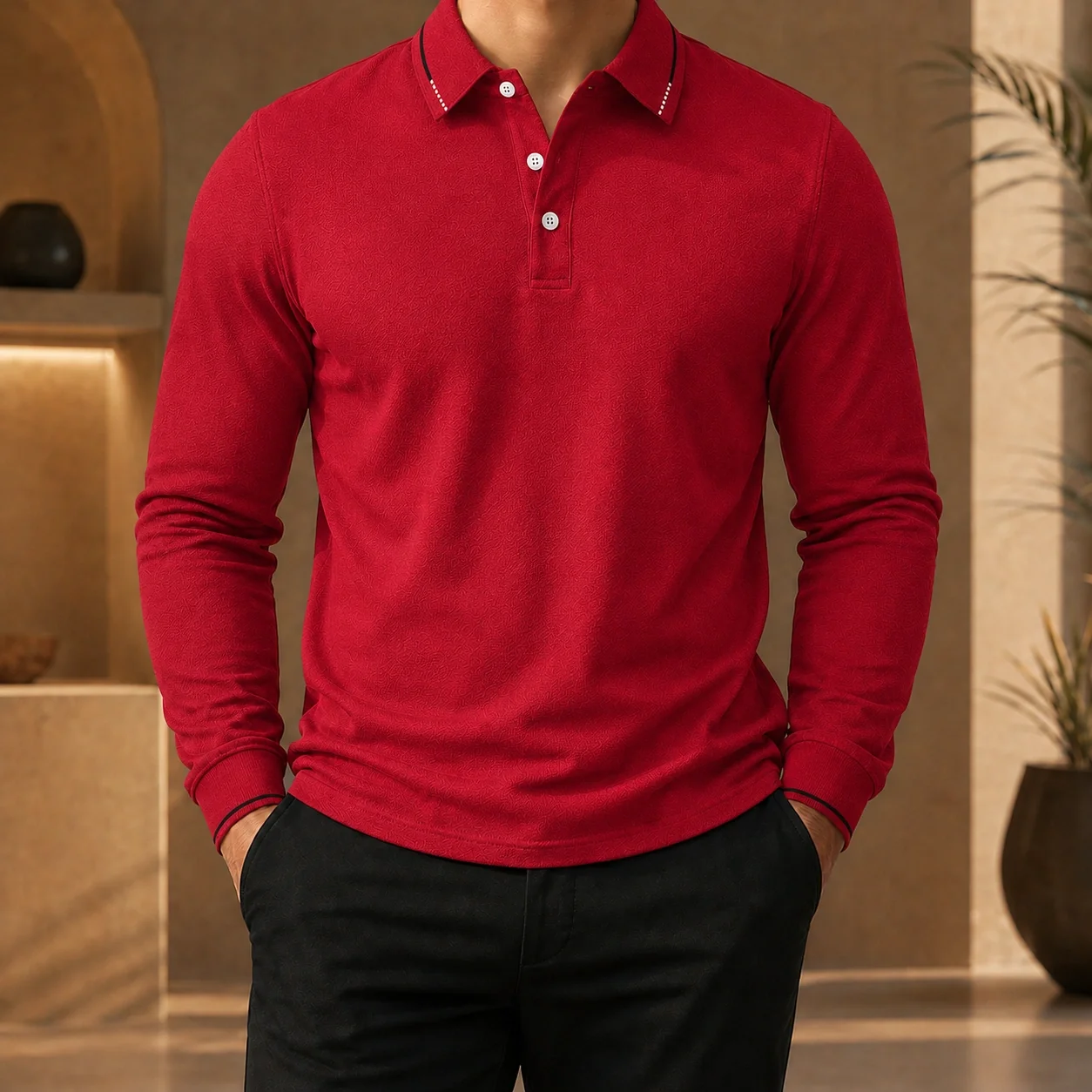 Mivanity Men's Pleated Asymmetric Long-Sleeve Polo Shirts