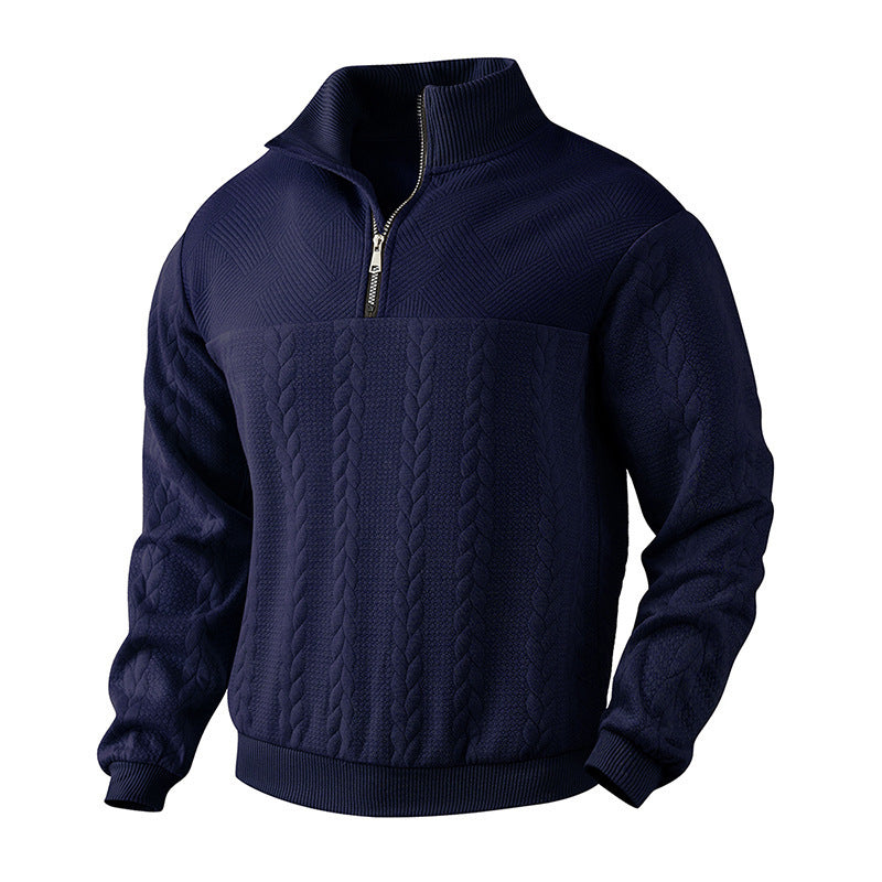 Men’s Jacquard Fall Winter Long-sleeved Warm Pullover Hoodies Quarter-Zip Design Fashion Tops