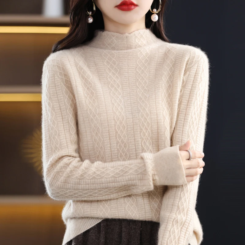 Women 100% Wool Soft Sweater Autumn Winter Casual Half-high Collar Twisted Pullover Thickened Warm Cashmere Knitwear