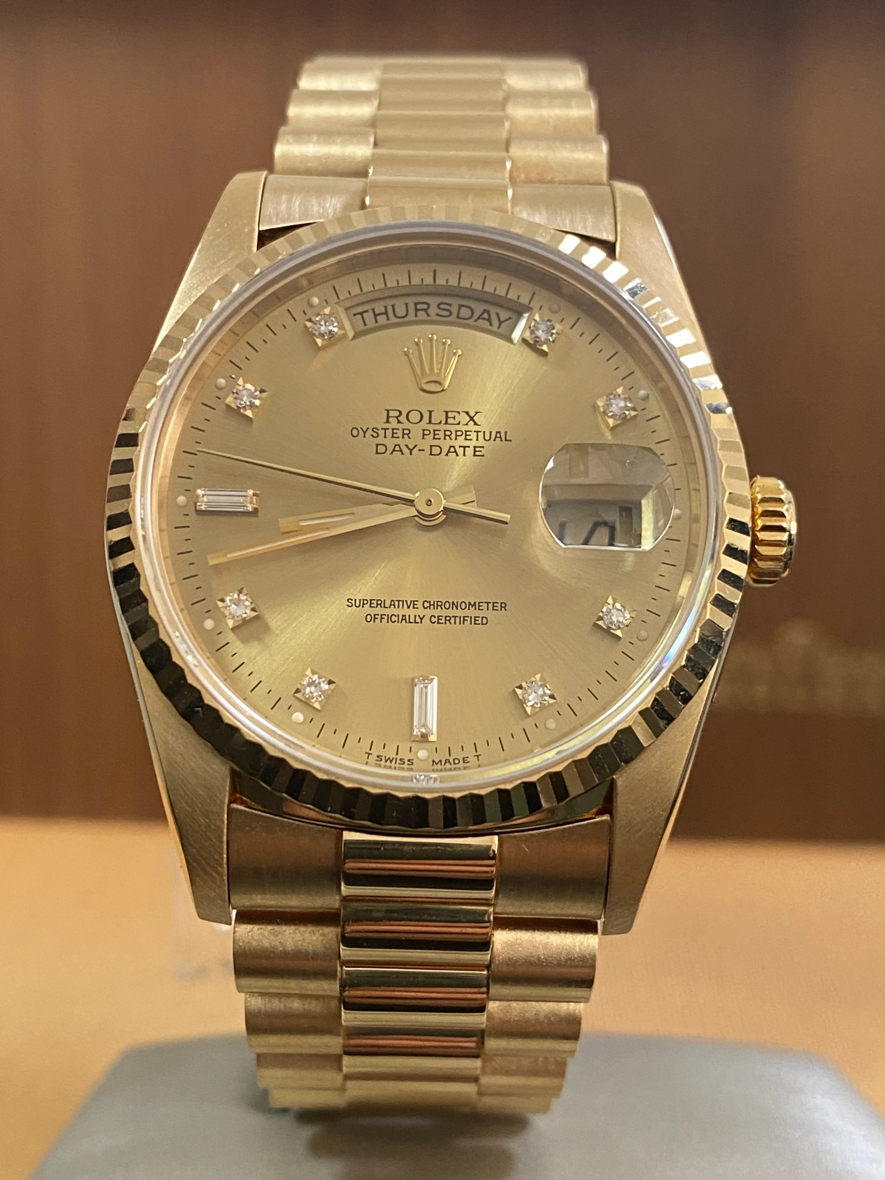 Rolex Yellow Gold Day-Date 36 - X serial - Fluted Bezel - Factory Diamond Dial - Double Quickset - President Bracelet - 18238