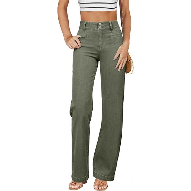 Women's High Waisted Stretchy Straight Leg Jeans, Trendy Loose Wide Leg Denim Pants with Pockets