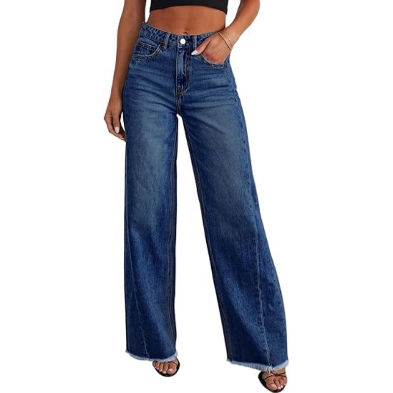 Women's High Waisted Stretchy Wide Leg Jeans, Raw Hem Denim Pants