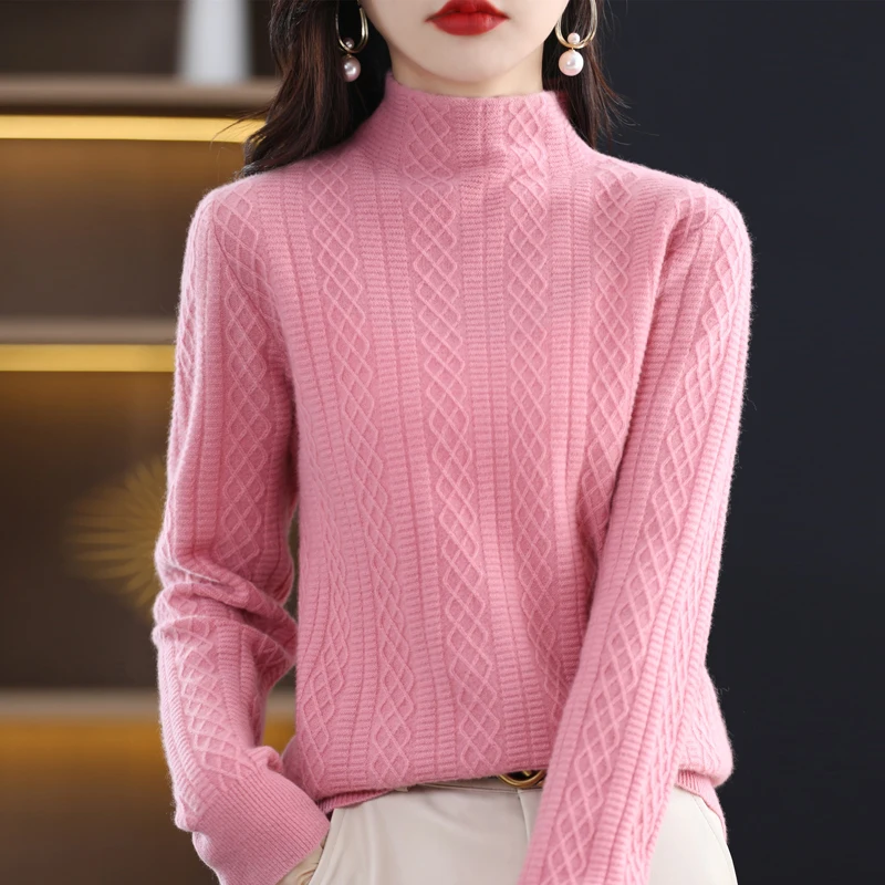 Women 100% Wool Soft Sweater Autumn Winter Casual Half-high Collar Twisted Pullover Thickened Warm Cashmere Knitwear