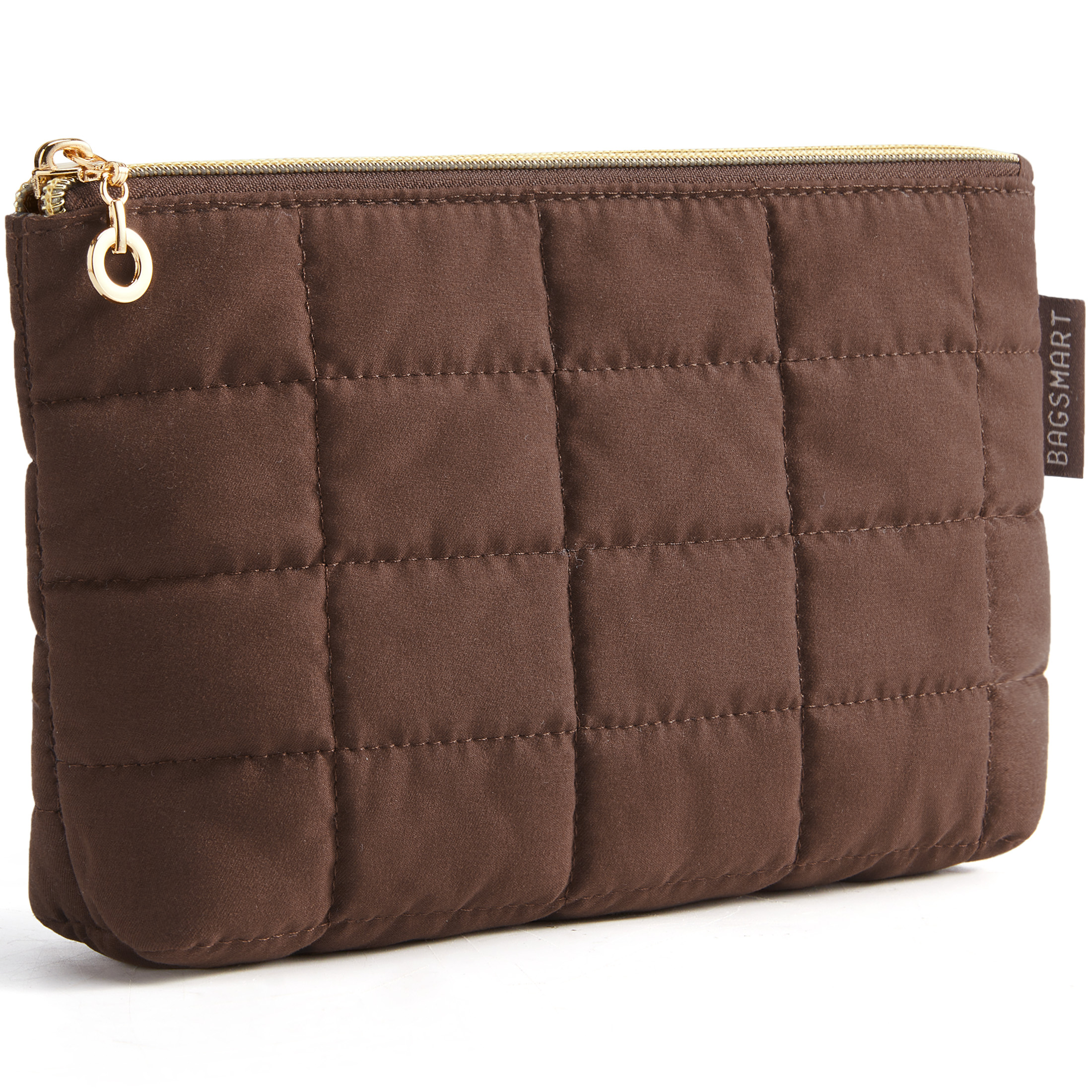 BAGSMART Grid Quilted Makeup Bag, Water-Resistant Cosmetic Pouch Puffy Portable Travel Organizer for Women, Coffee