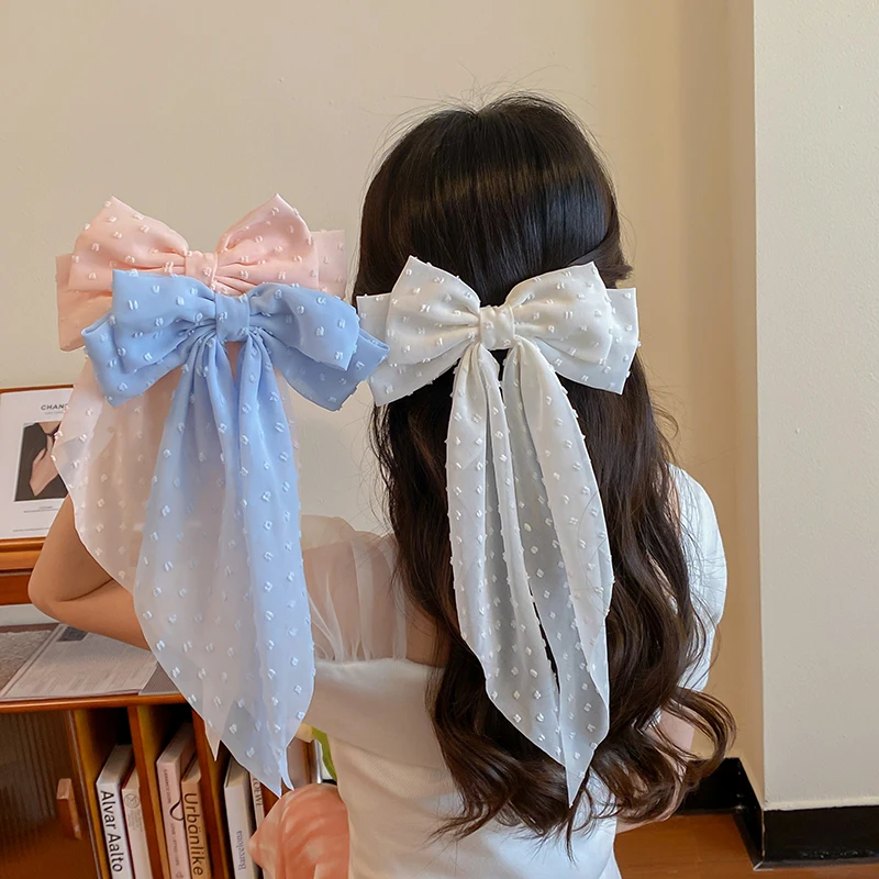 Chiffon Bow Hairpin Elegant Women Fashion Long Simple Solid Satin Clip Hair Pin Retro Headband Girls Hair Accessories