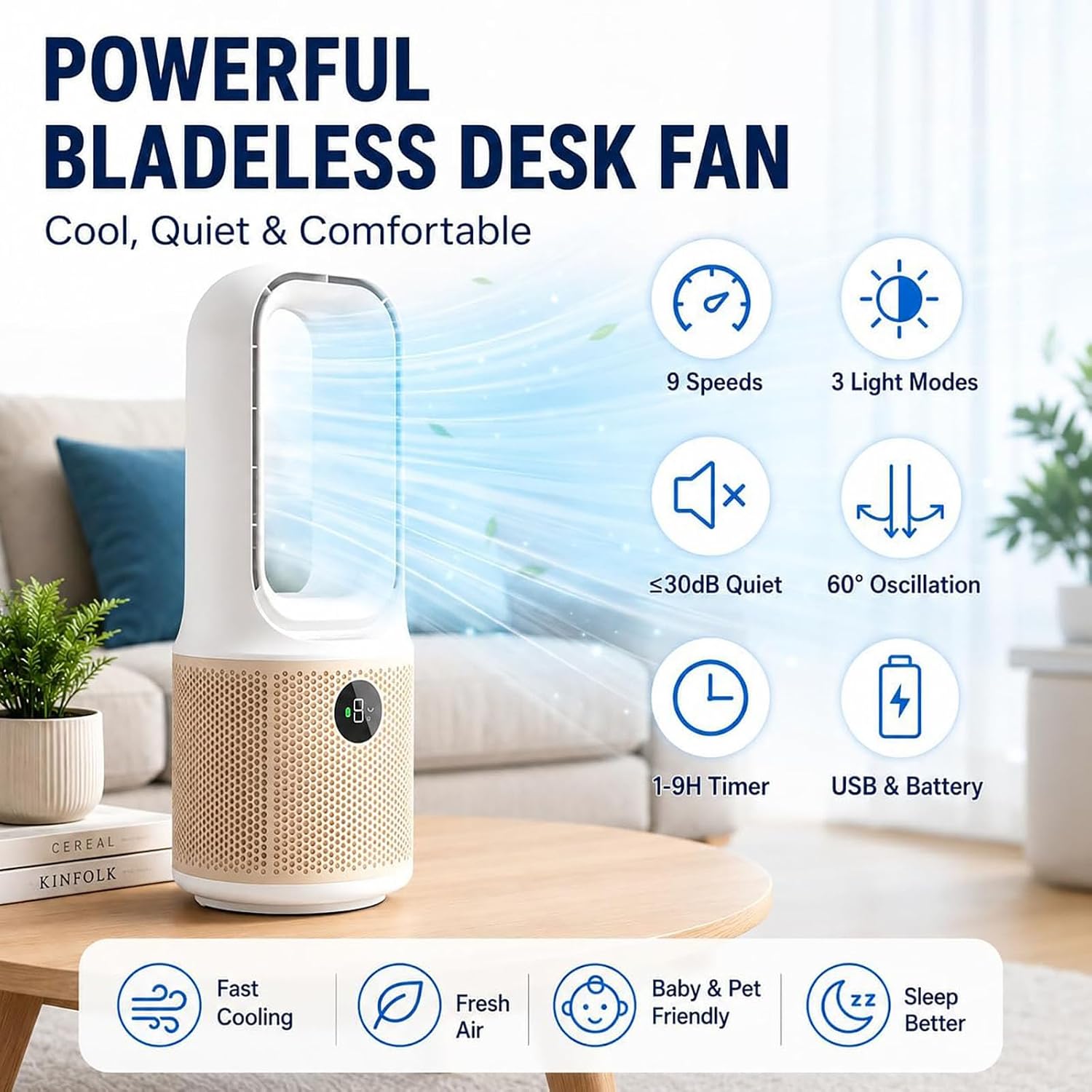 VOMI Rotorloser Tischventilator mit Akku, 4000 mAh, leise | Ohne Rotorblätter, 60° Oszillation, 9 Geschwindigkeiten, Nachtlicht, 9h Timer, für Schlafzimmer, Büro und Schreibtisch