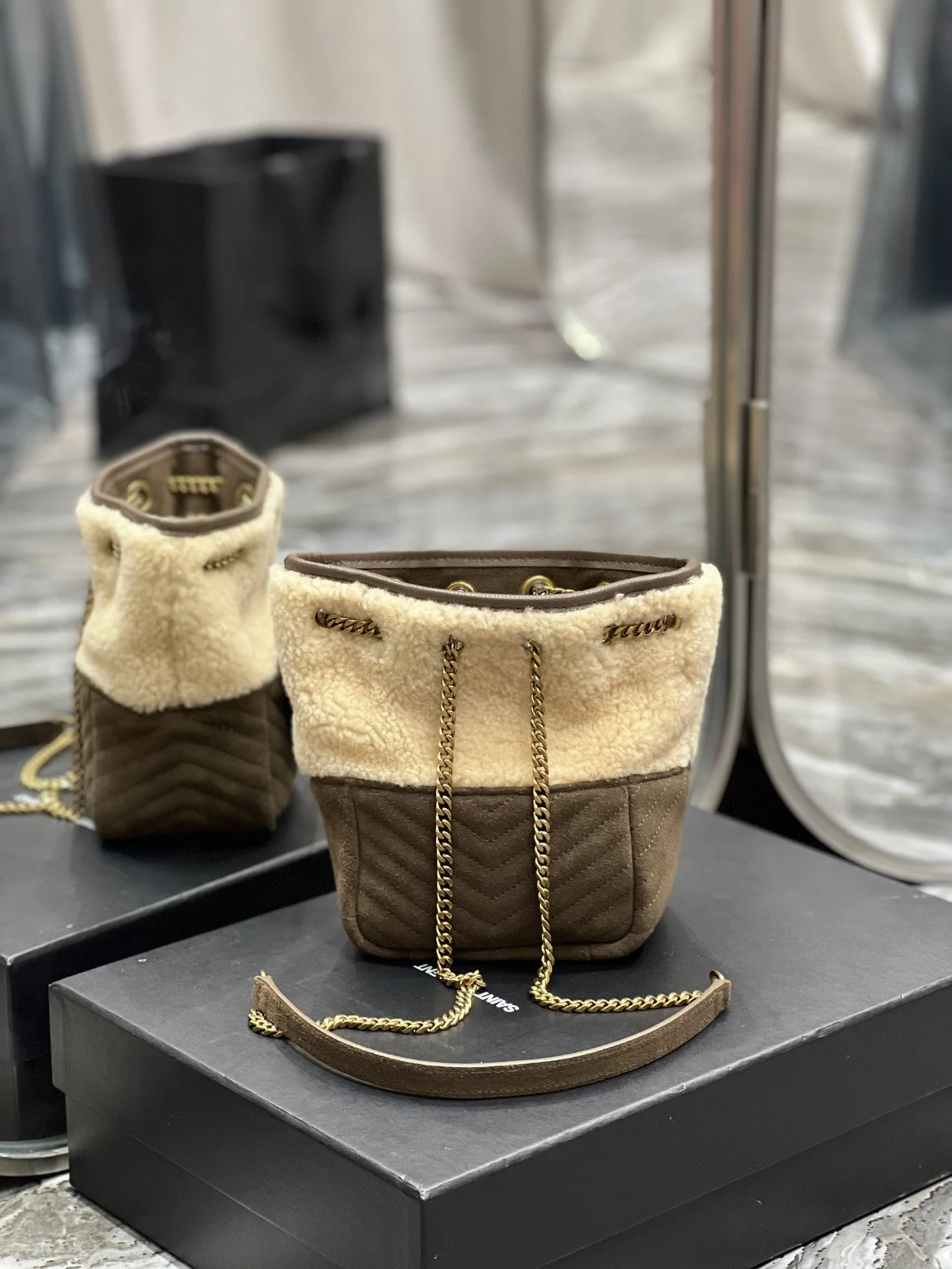 Saint Laurent Oe Mini Bucket Chevrons Brown For Women, Women’s Bags 7.5in/19cm YSL 70163129XA79587