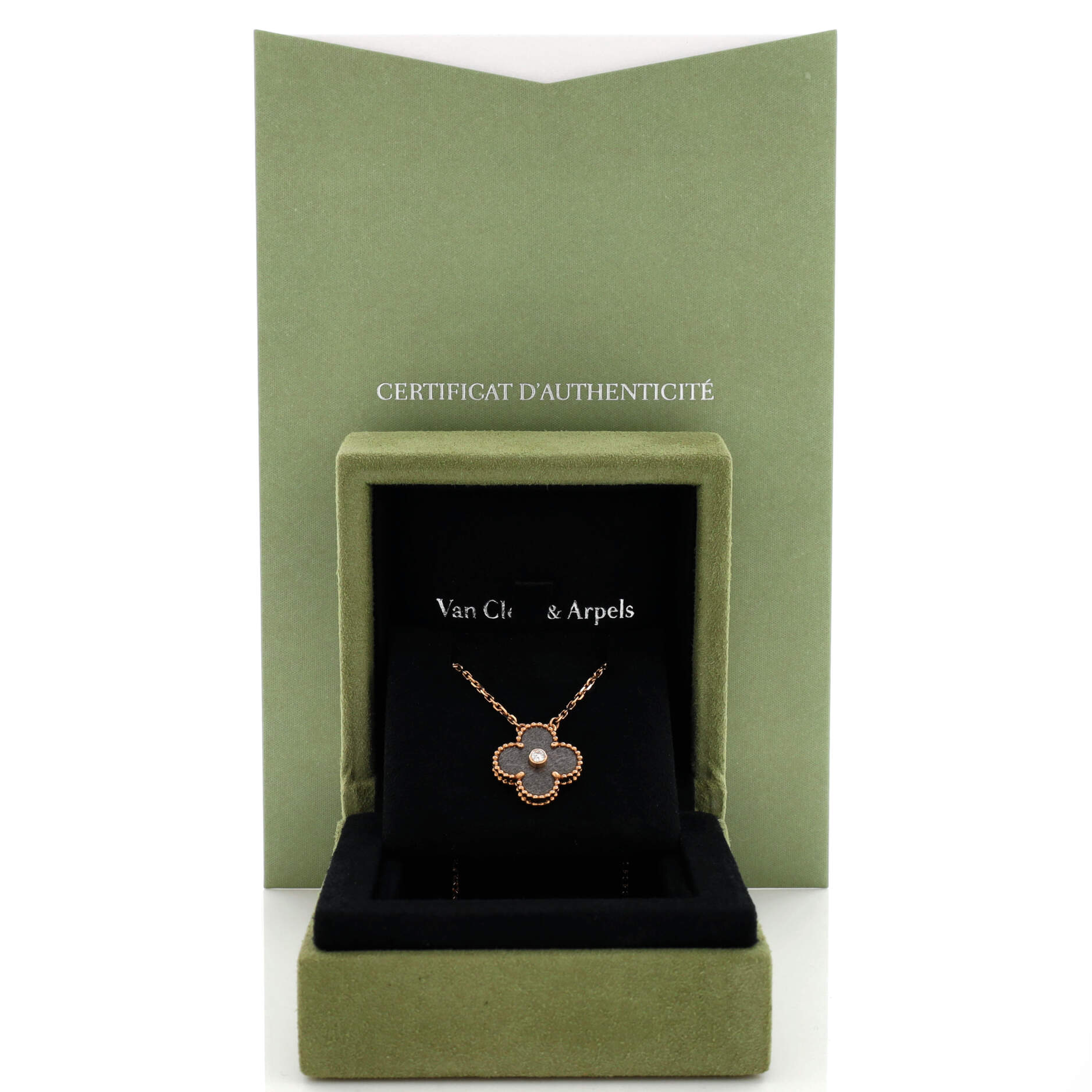 Vintage Alhambra Pendant Necklace 18K Rose Gold and Silver Obsidian with Diamond