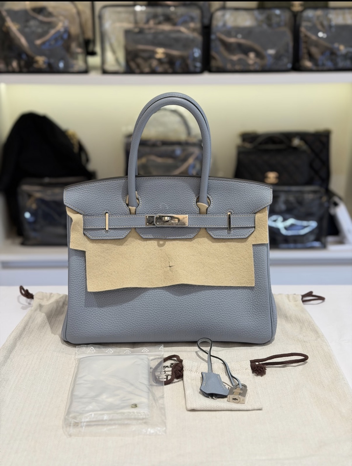 Birkin 25-30 linen blue silver buckle Custom - Artisantouchss