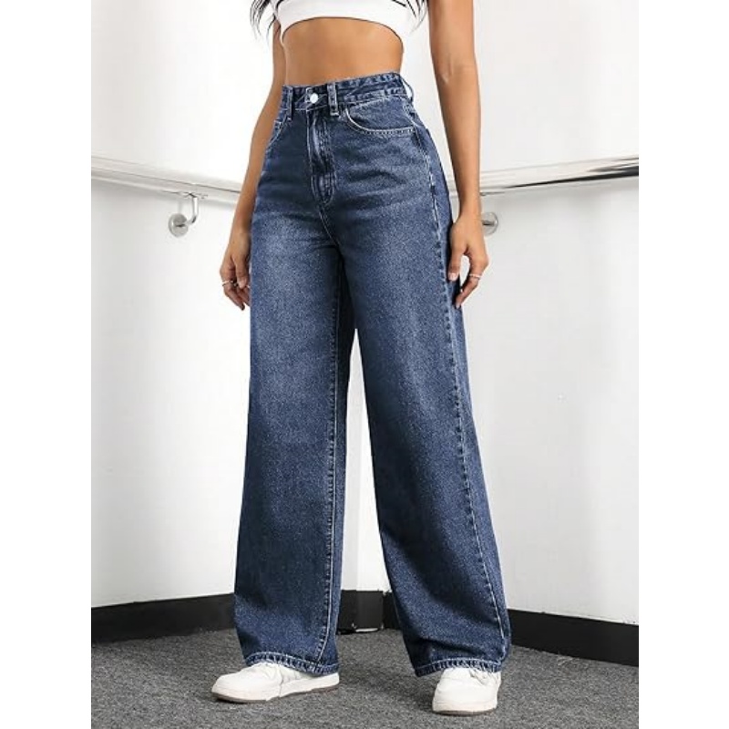 Women's High Waisted Stretchy Straight Leg Jeans, Loose Baggy Boyfriend Wide Leg Denim Pants