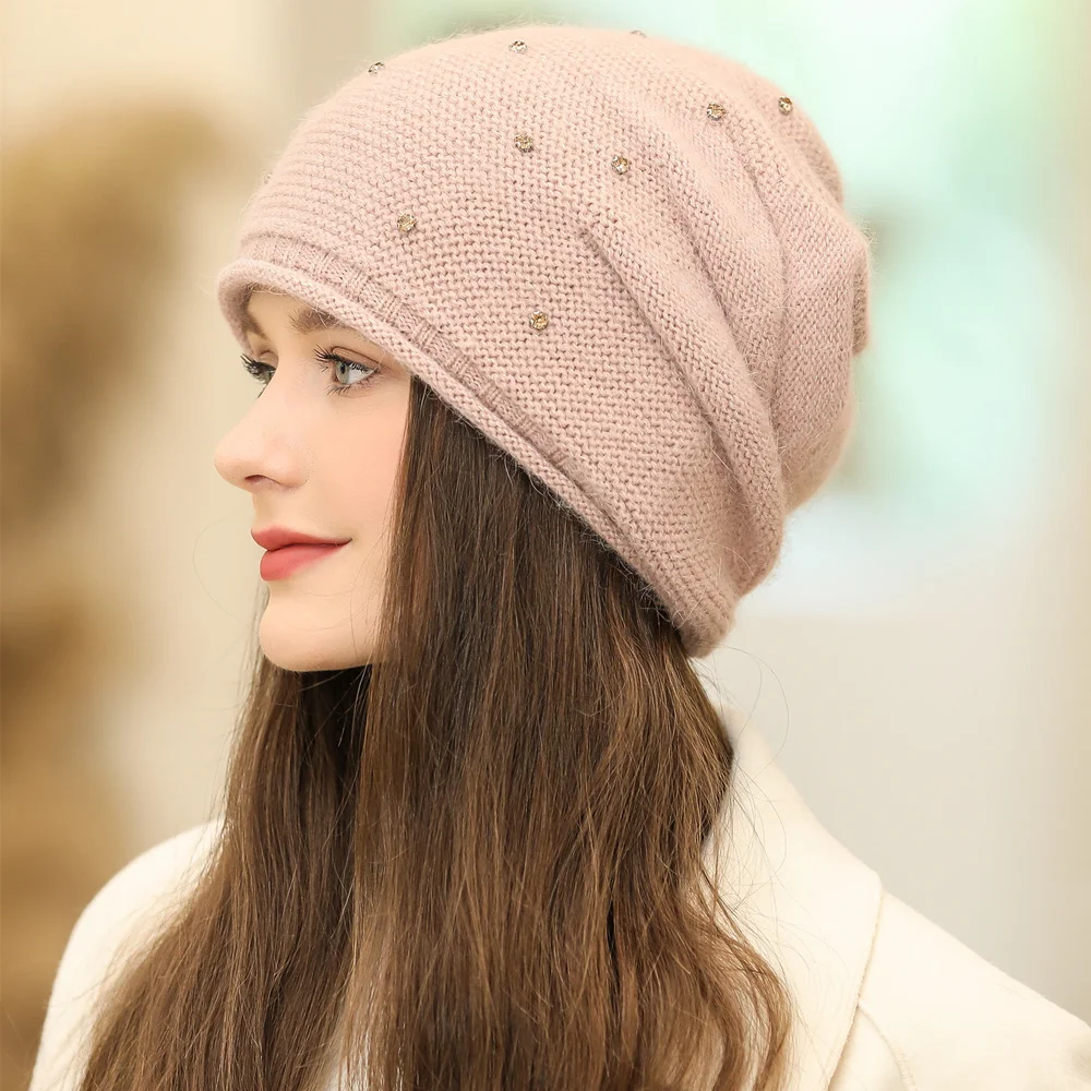 New Women Winter Hat Street Fashion Rabbit Fur Blend Warm Beanie Hat For Female Casual Streetwear Knitted Hat
