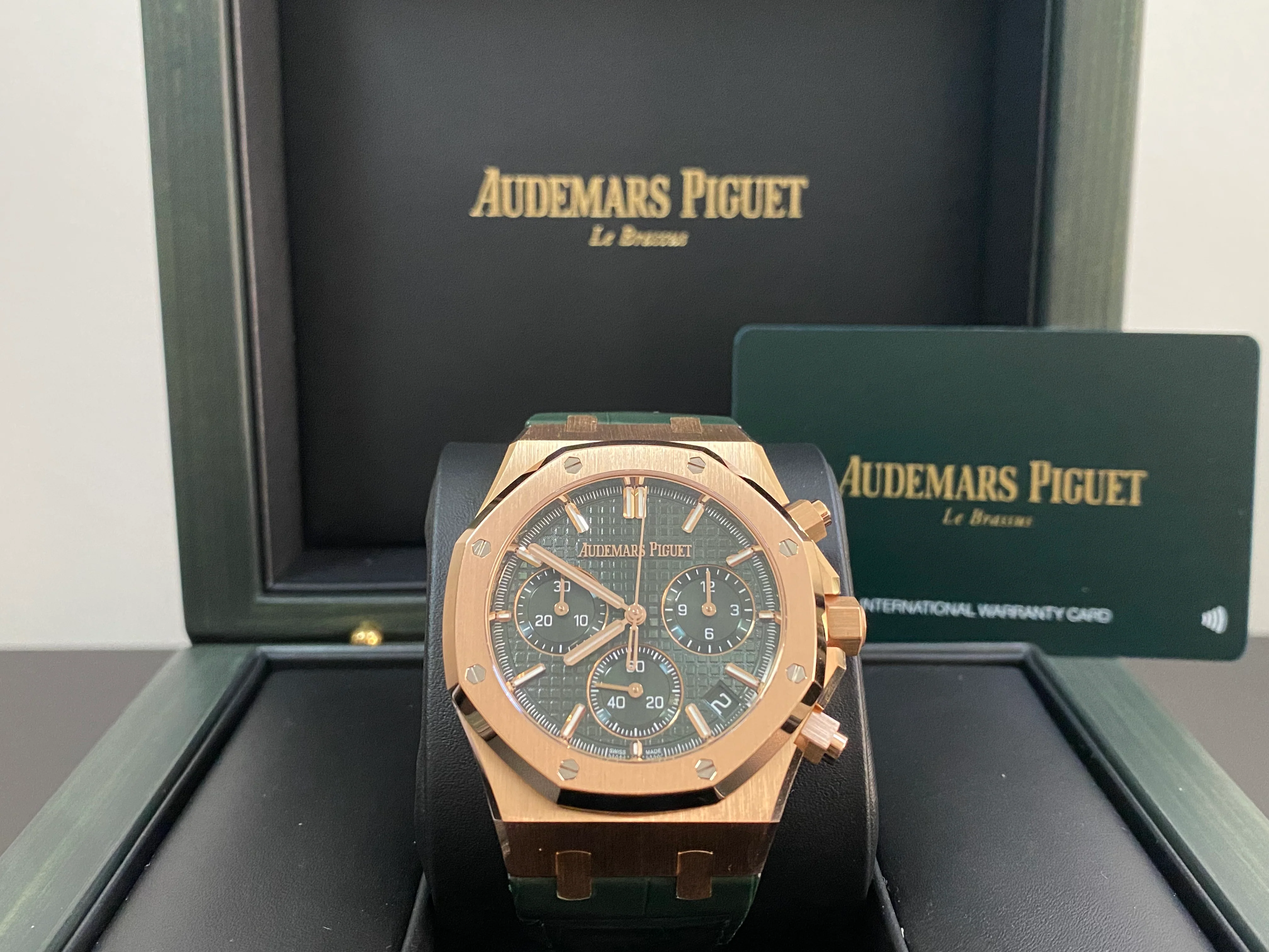 Audemars Piguet Royal Oak Chronograph 18K Pink Gold- 2023 - Green Grand Tapisserie Dial - Green Leather Strap - 26240OR