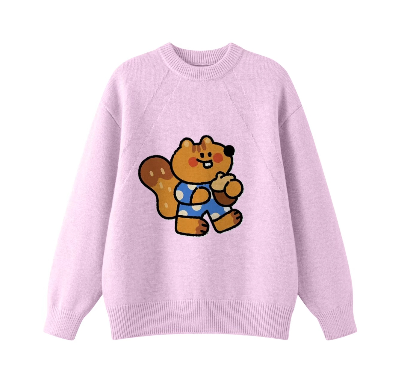 This adorable knit sweater features a squirrel eating a pine cone pattern and is a crew neck pullover style. Its design also makes it an ideal choice for winter clothing.