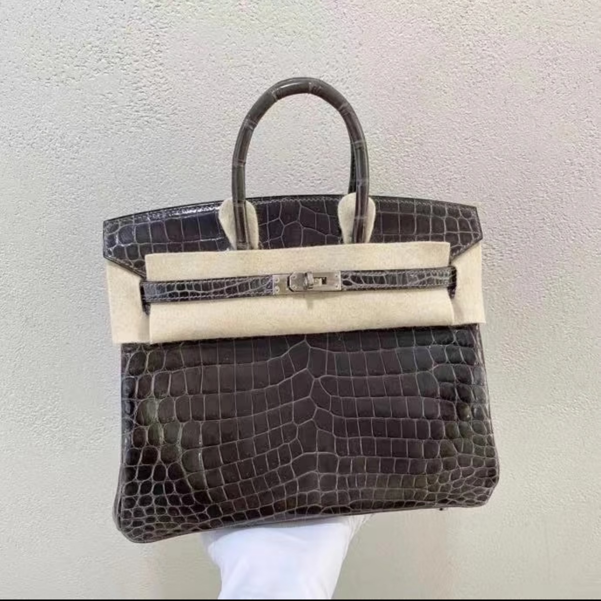 Hermès Brikin 25-30 graphite grey silver buckle custom crocodile leather