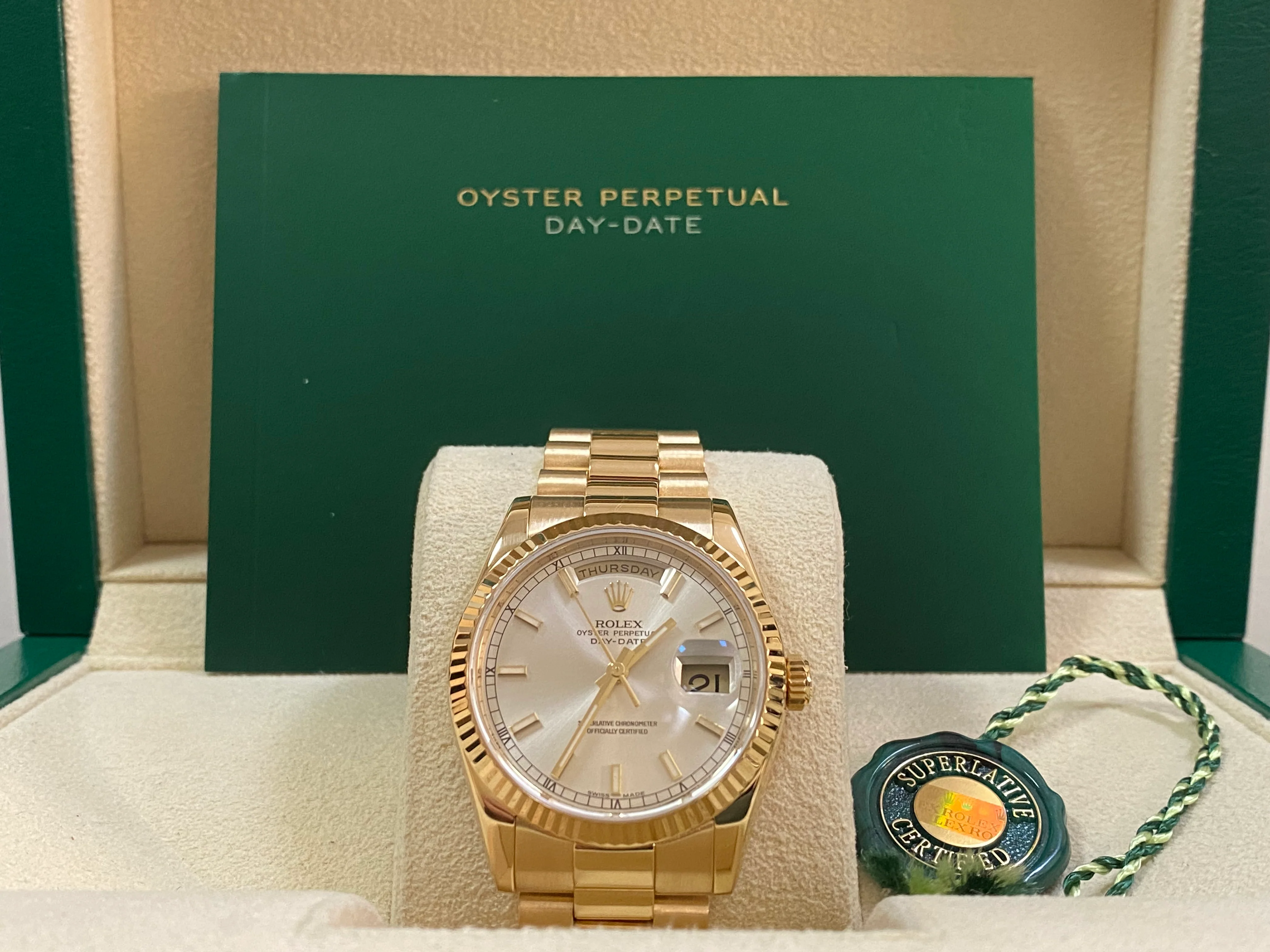 Rolex Yellow Gold Day-Date 36 - M serial - Fluted Bezel - Silver Index Dial - President Bracelet - 118238
