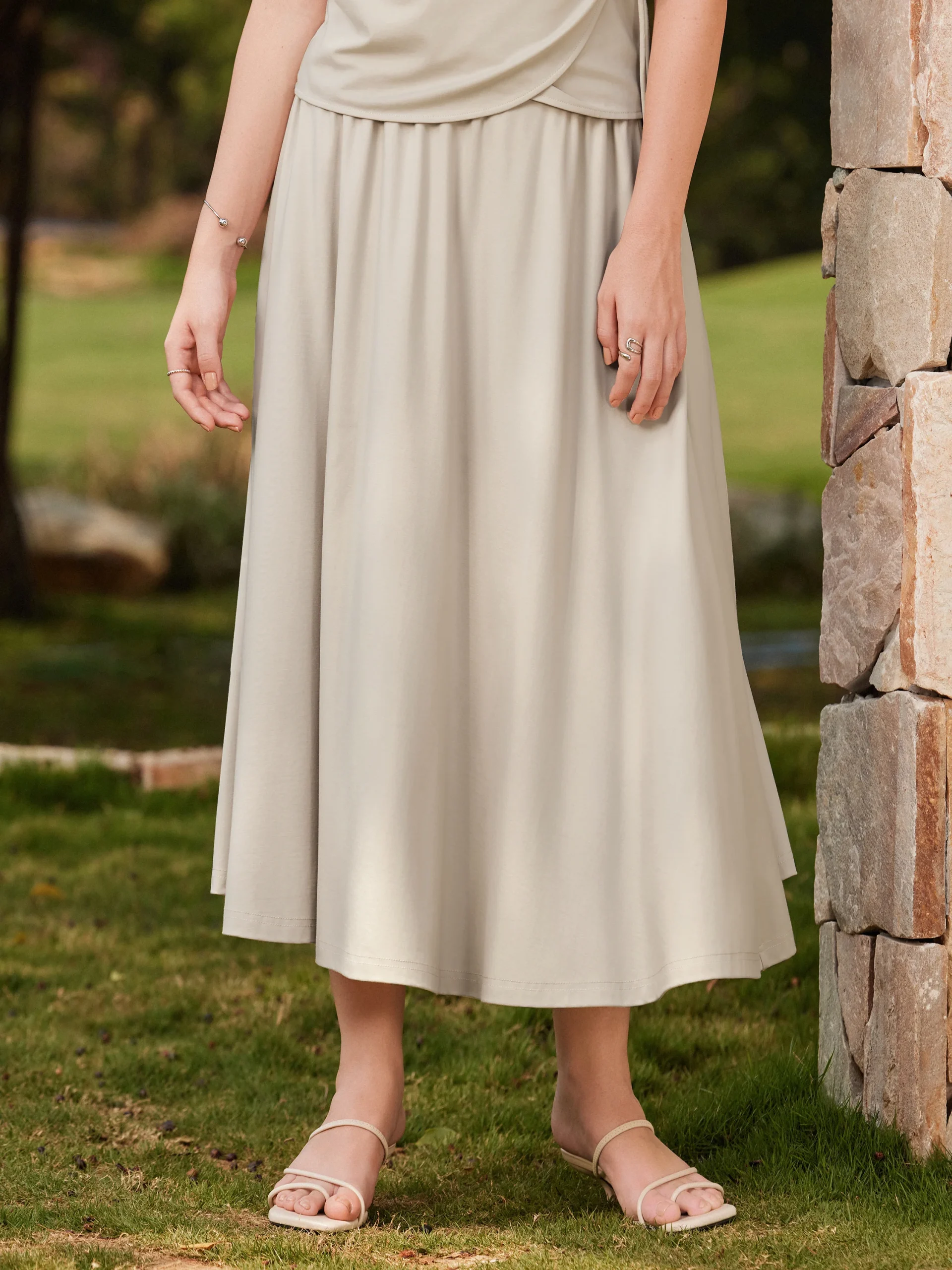 Breezy Mid Rise Umbrella Midi Skirt with Pockets