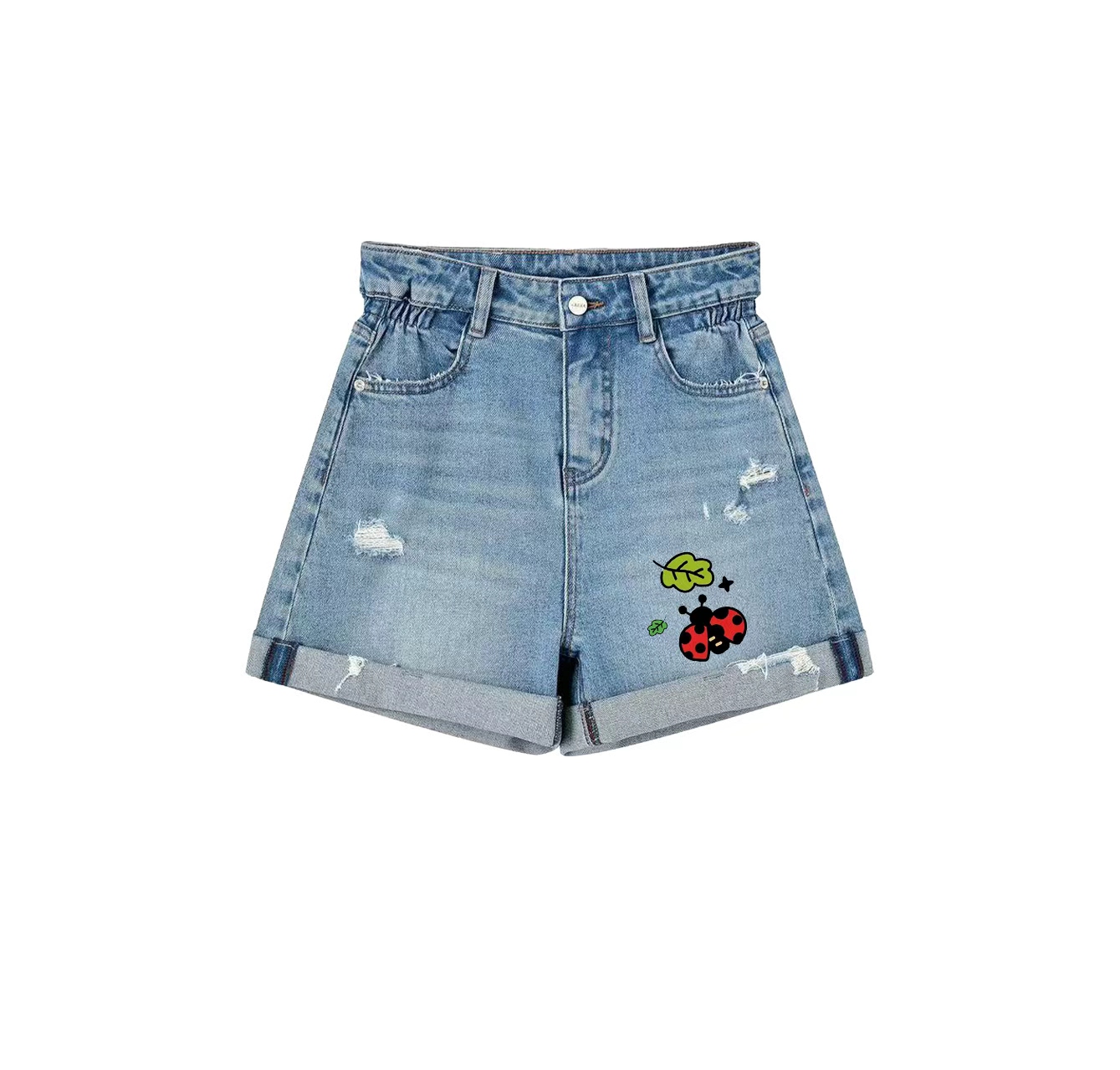 A pair of denim shorts printed with a ladybug pattern is a must-have item in your summer wardrobe.