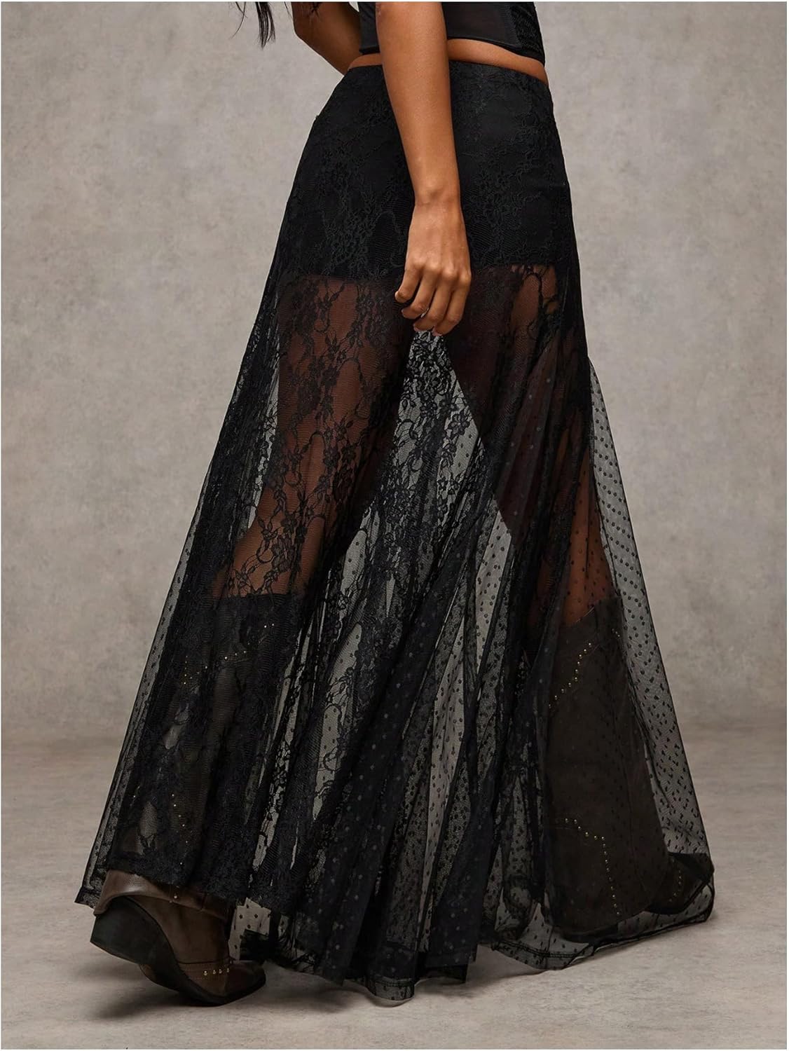 WDIRARA Women's Sexy See Through Sheer Lace Maxi Skirt Low Waist Ruffle Hem A Line Flowy Skirt