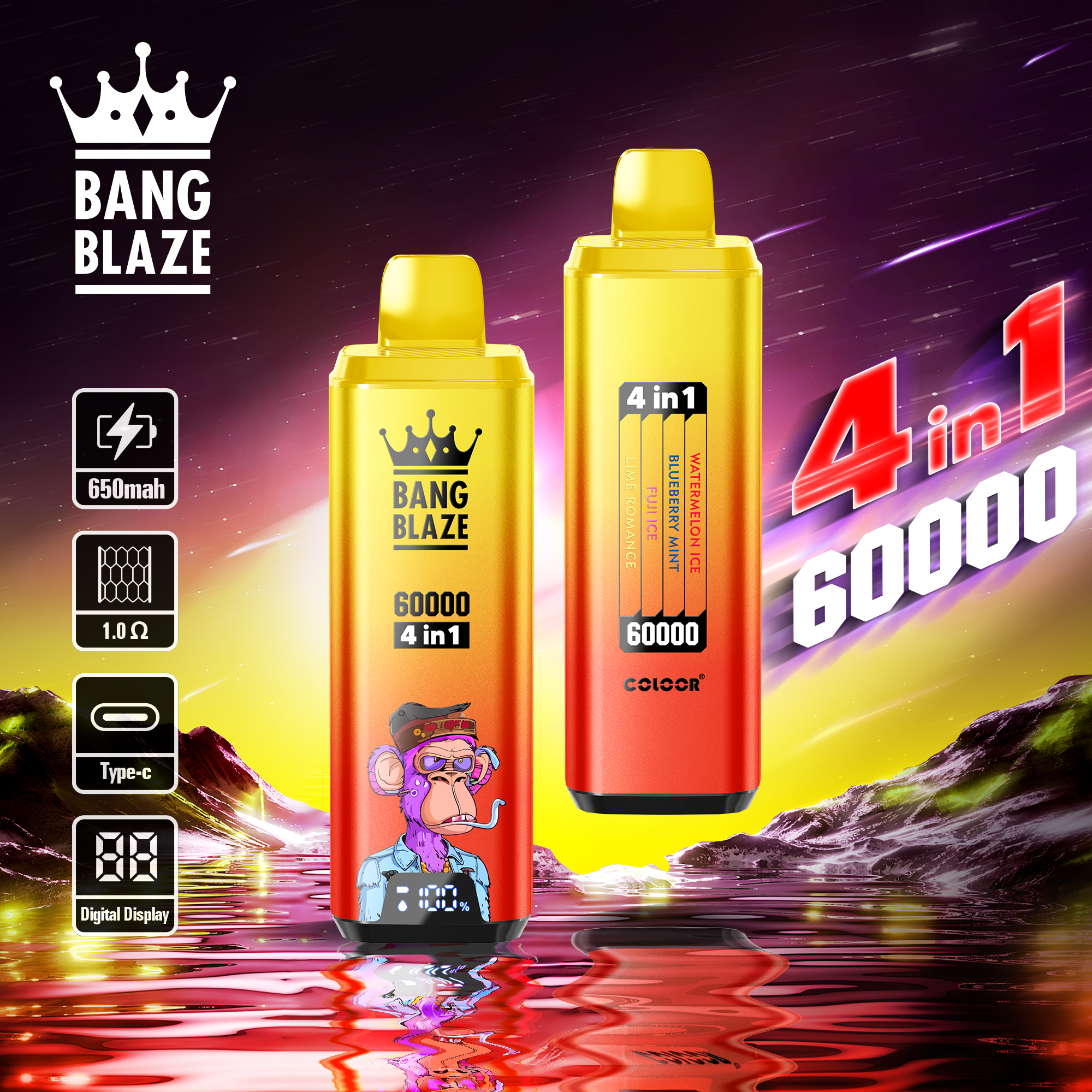 Вейп BANG BLAZE 60 000 Дръпки (4 в 1) | Електронна Цигара с LED Дисплей и Презареждане