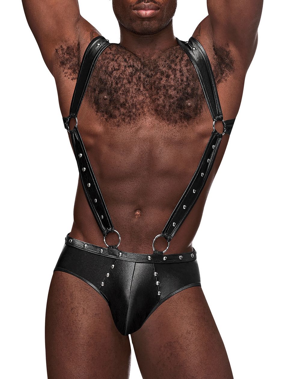 Male Power Black Studded Wet Look Harness Jockstrap