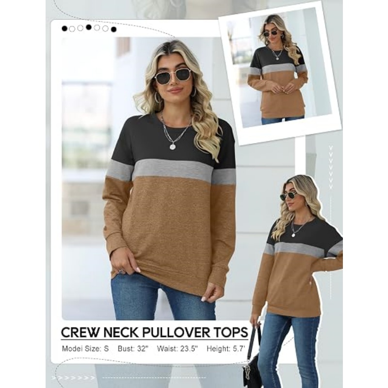 Women's Crewneck Sweatshirt, Cotton Blend Loose Fit Pullover with Side Pockets