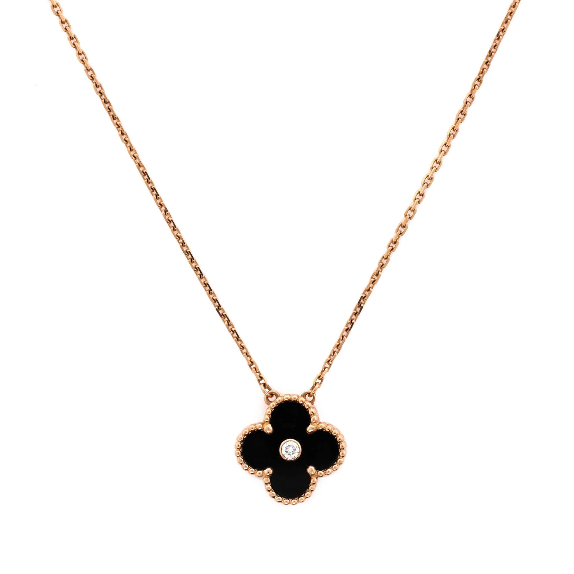 Vintage Alhambra Pendant Necklace 18K Rose Gold and Onyx with Diamond