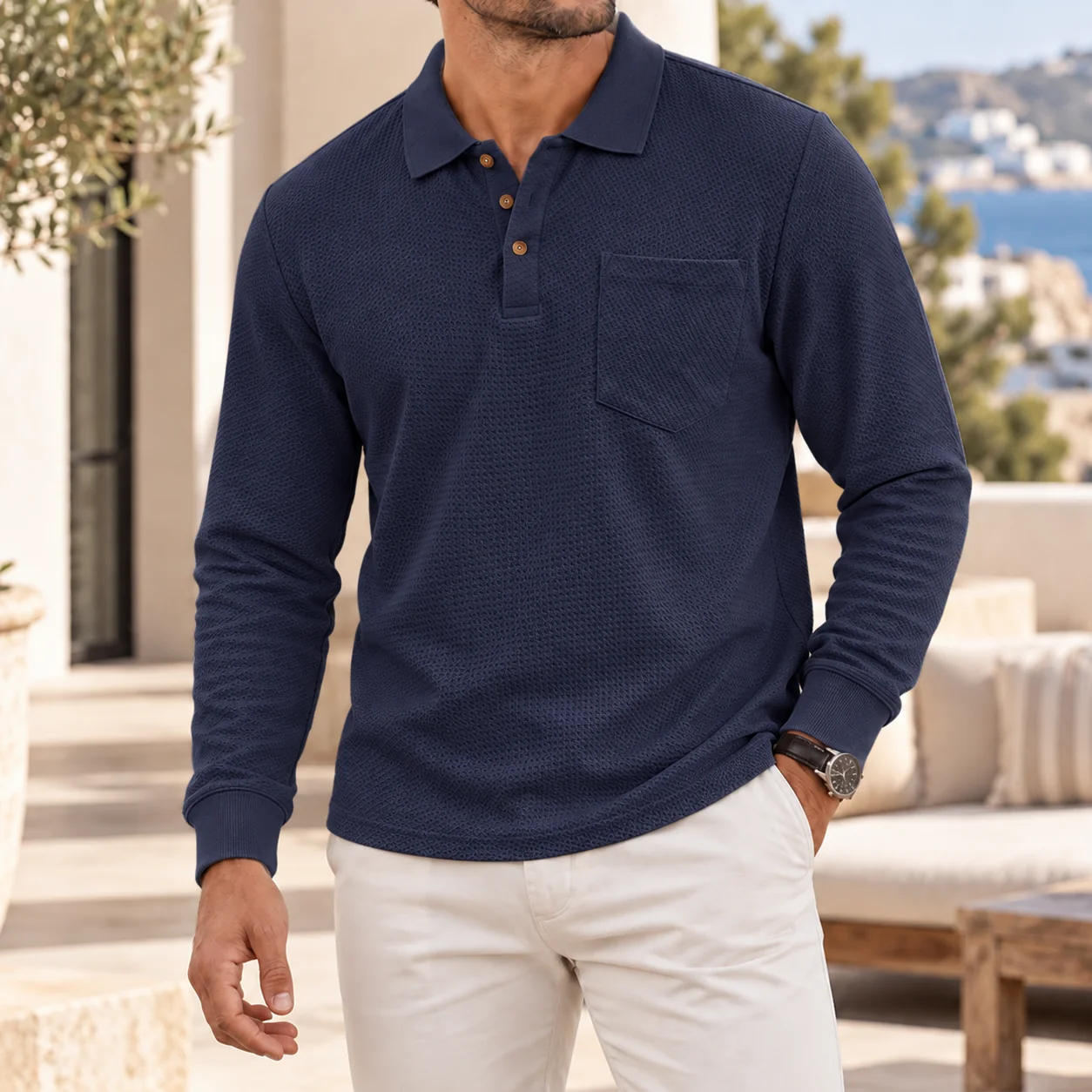 Mivanity Men's Premium Textured Polo Shirt Long Sleeve Casual Chest Pocket Top