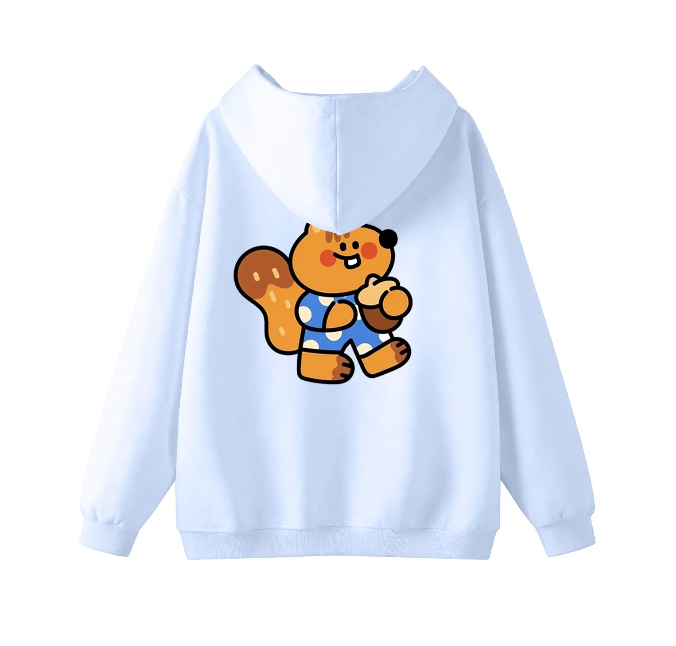 This adorable hooded sweatshirt features a squirrel eating a pine cone and is a casual pullover. Its stand-up collar also makes it an ideal choice for winter wear.