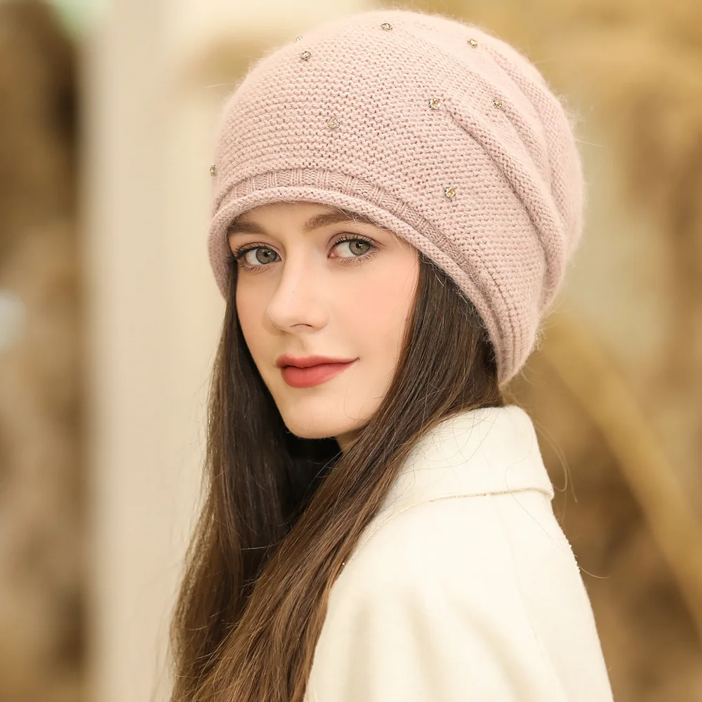 New Women Winter Hat Street Fashion Rabbit Fur Blend Warm Beanie Hat For Female Casual Streetwear Knitted Hat