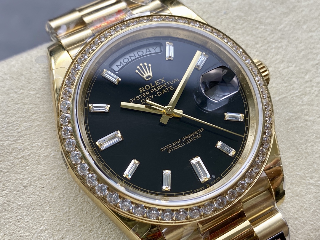 Rolex Day-Date 228348RBR 0043 Black Diamond Dial Diamond Bezel 40mm Mens Replica Watch