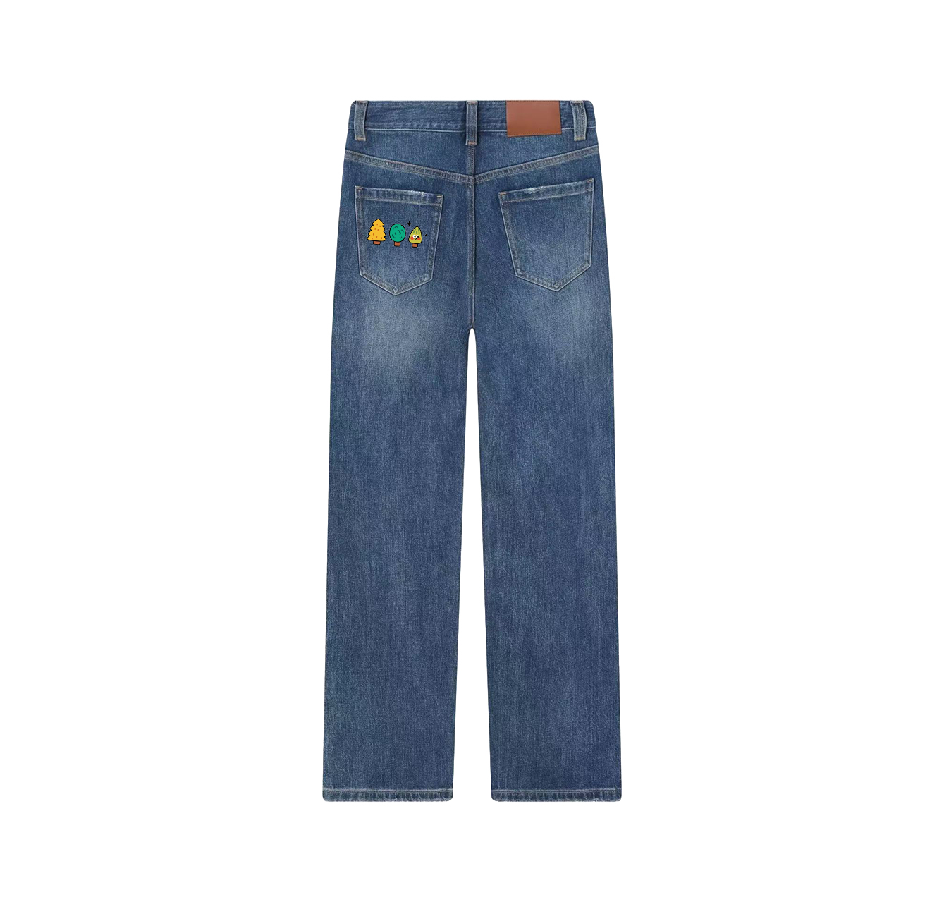 A pair of jeans with a pattern of three trees—a wardrobe essential.