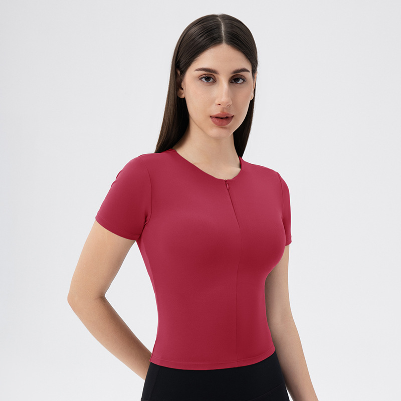 Women's yoga short-sleeved front zipper tight-fitting slimming top with padded bra, nude feel, high elasticity, sports running t-shirt