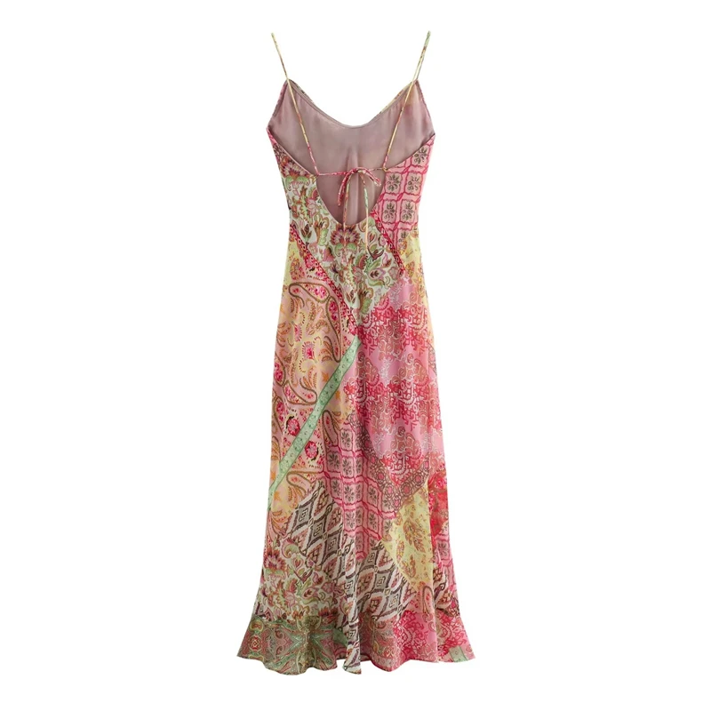 Women’s Slip Dress 2026 New Fashion Summer Patchwork Print Backless Dresses for Women Casual Chic Ladies Midi Dress
