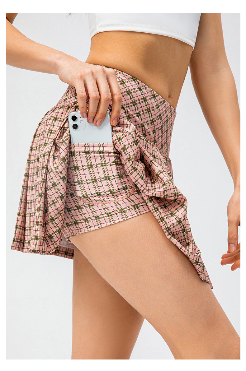 New Spring/Summer Plaid Sports Skirt, Outdoor Running Tennis Skirt Pants, Faux Two-Piece Yoga Skirt Pants, Pleated Skirt