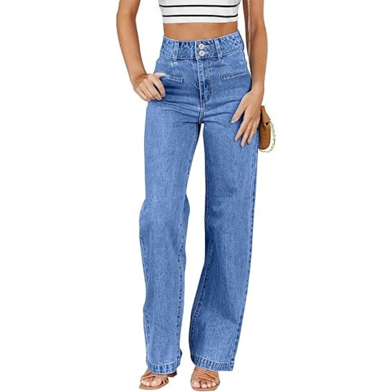 Women's High Waisted Stretchy Straight Leg Jeans, Trendy Loose Wide Leg Denim Pants with Pockets