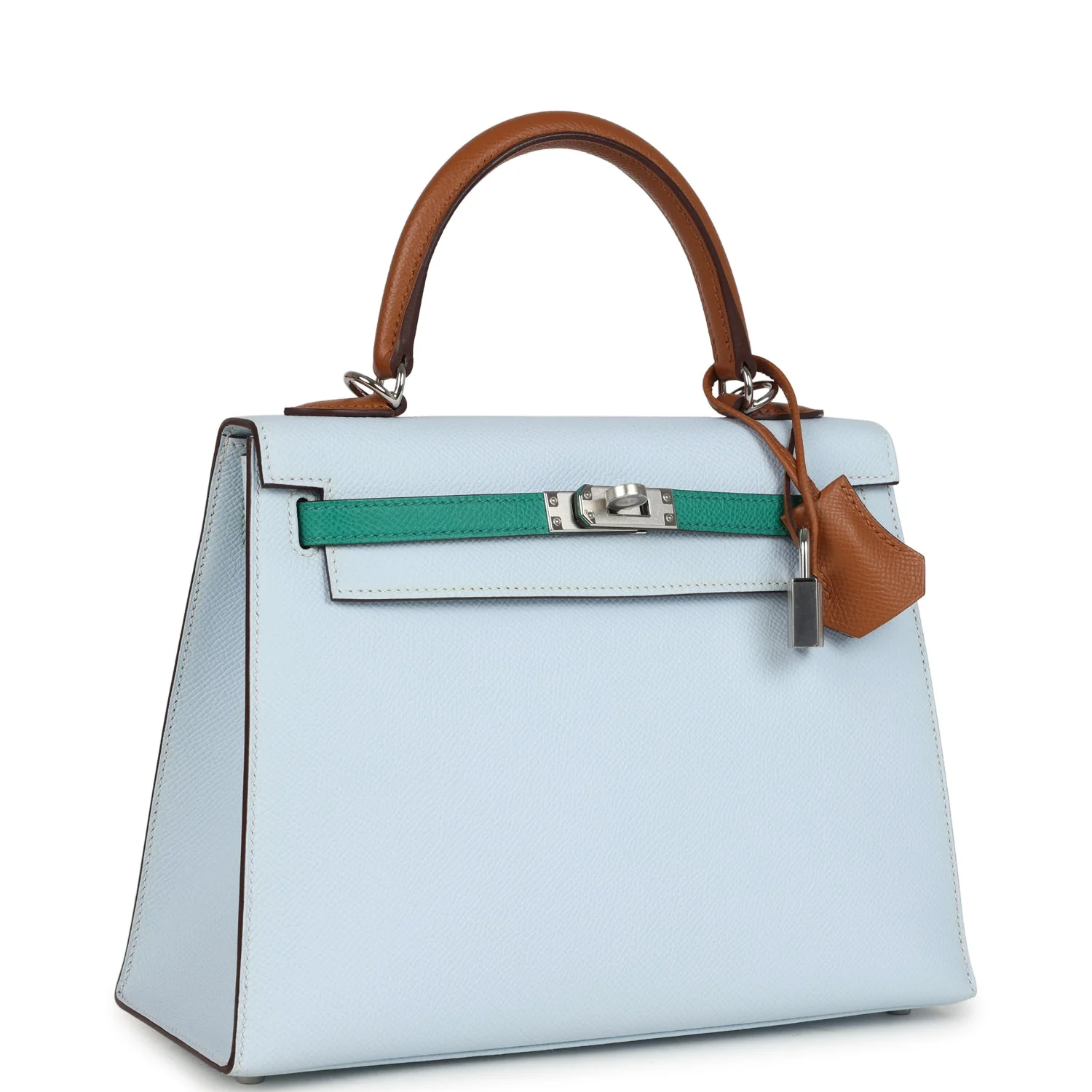 Hermes Kelly Sellier 25 Tri-Color Bleu Brume, Gold and Vert Jade Epsom Epsom Palladium Hardware