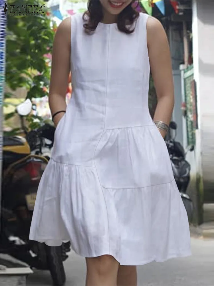 Summer Sleeveless Short Robes Ruffled Hem Casual Solid Streetwear Knee-length Dress Women O Neck Fashion Tank Vestidos