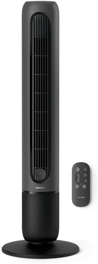 PHILIPS Turmventilator 5000 Serie, Grau, Fernbedienung, 2.230 m³/h Airflow | 105 cm, mit 28-46 dB(A), Timer, 3 Geschwindigkeitsstufen, Oszillation 60°, gleichmäßige Luftumwälzung (CX5535/11)