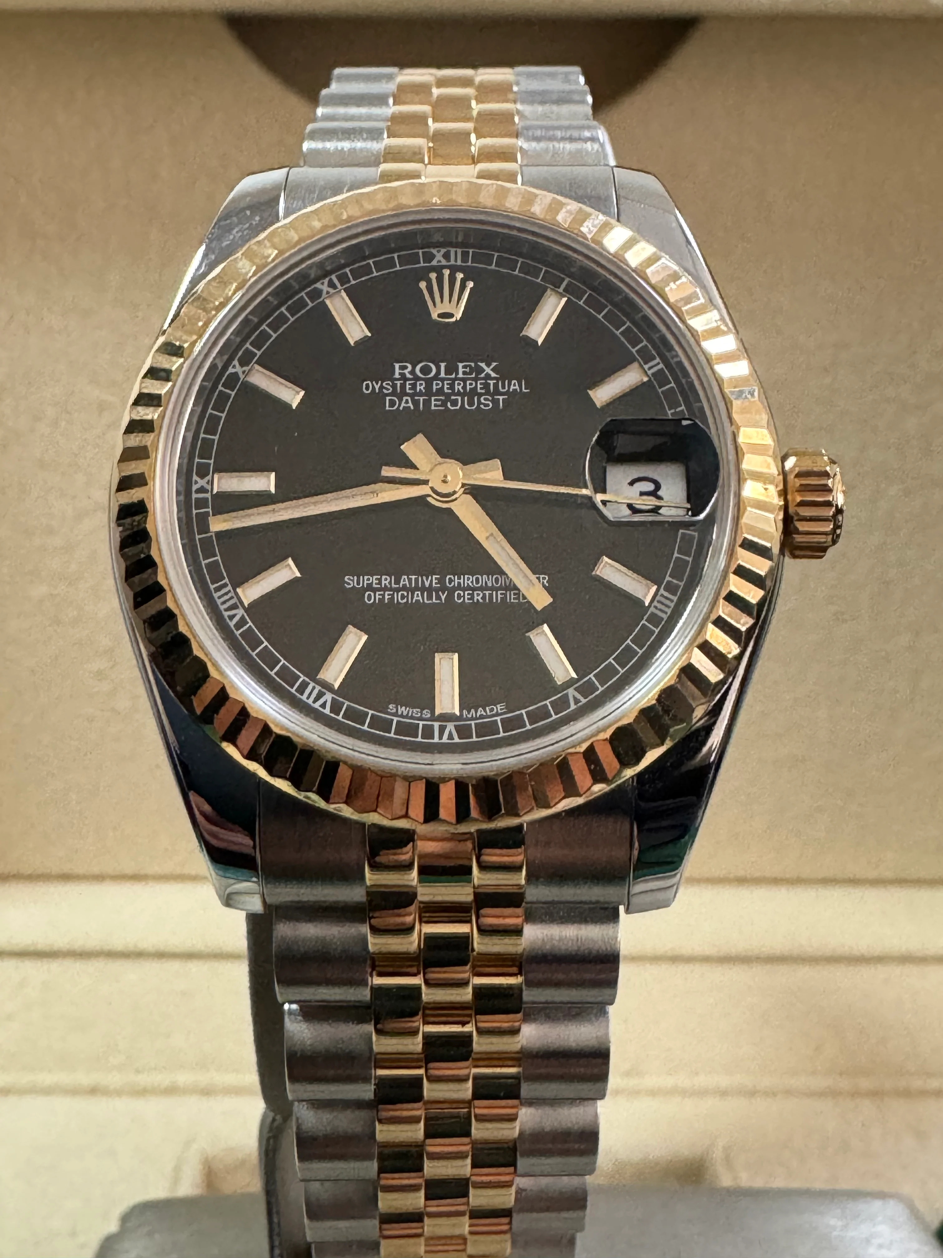 Rolex Steel and Yellow Gold Datejust 31 - 2016 - Fluted Bezel - Black Index Dial - Jubilee Bracelet - 178273 COMPLETE SET