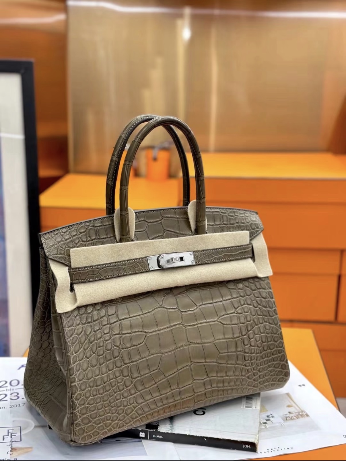 Birkin 25-35 elephant gray Silver hardware  crocodile leather custom - Artisantouchss