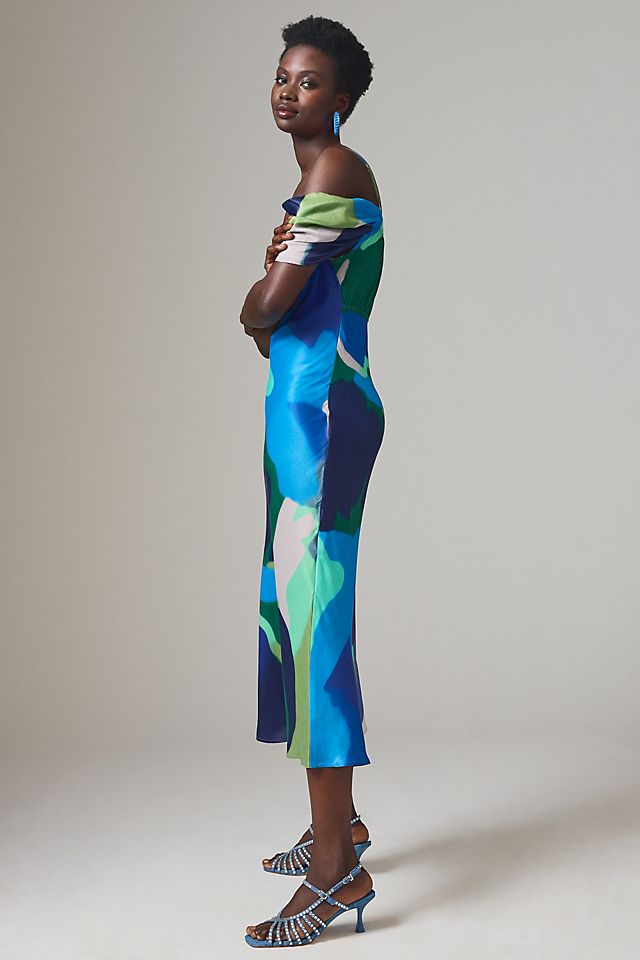 Painterly Off-Shoulder Slip Dress BLUE