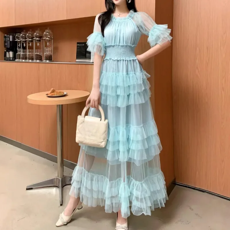 Ruffles Vestidos Mujer Solid Slash Neck Spring Summer Beach Style Vintage Women Dress Fashon Elegant Long