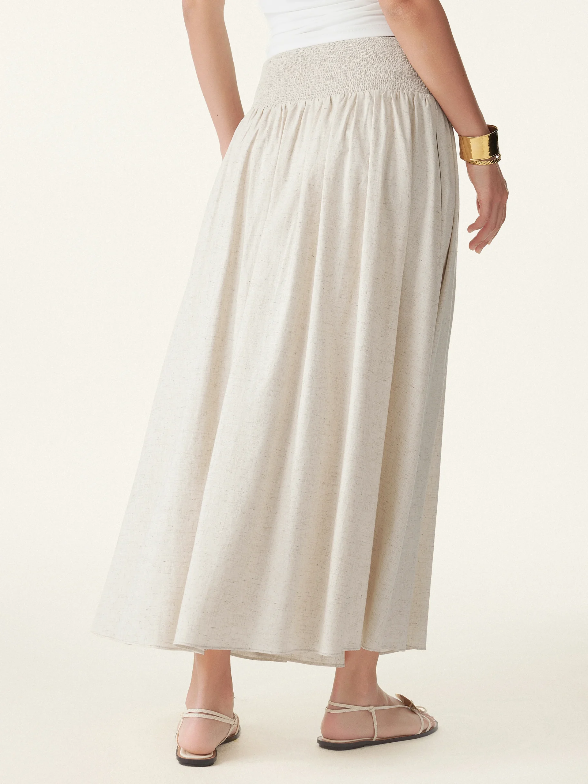 European Linen Smocked Waist Skirt with Pockets